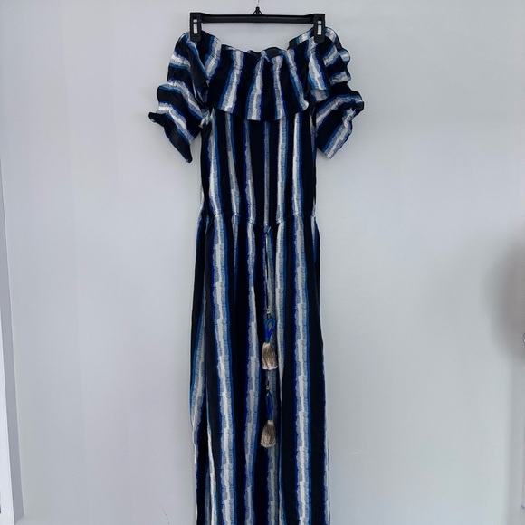 Figue 'Maya' Ruffle Sleeve Drawstring Waist Maxi Blue Stripe Dress Size‎ Medium - Picture 4 of 8